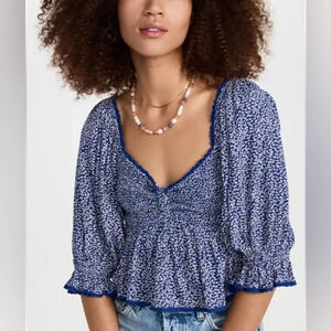 Free People Brittnee Print Smocked Back Peplum Top Size L
